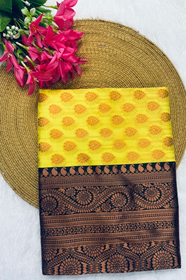 Lemon Yellow Banarasi Soft Silk Saree with Polka Buttis and Contrast Dark Brocade Border  in Surat
