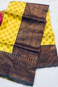 Lemon Yellow Banarasi Soft Silk Saree with Polka Buttis and Contrast Dark Brocade Border  in Surat