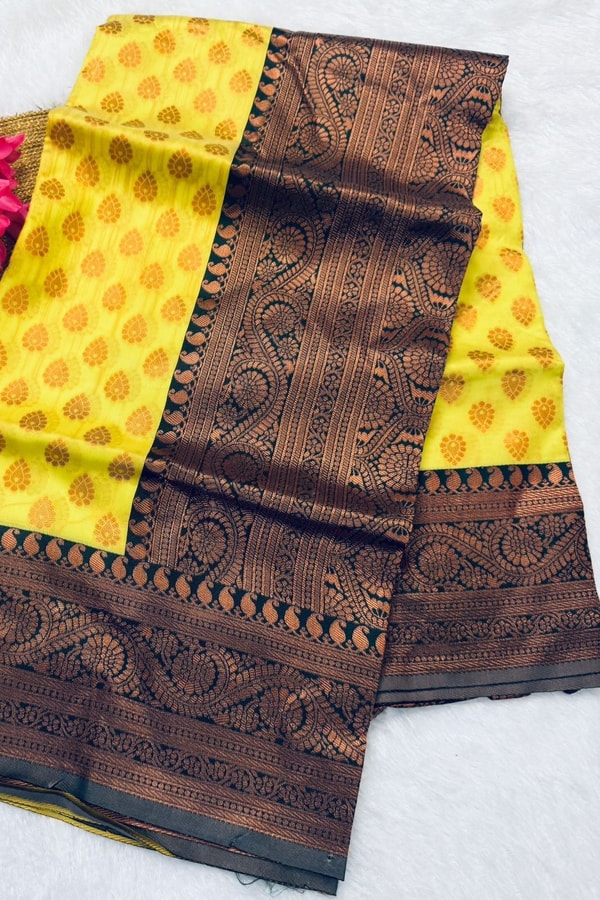 Lemon Yellow Banarasi Soft Silk Saree with Polka Buttis and Contrast Dark Brocade Border  in Surat