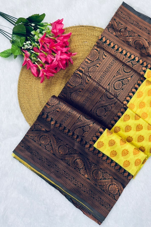 Lemon Yellow Banarasi Soft Silk Saree with Polka Buttis and Contrast Dark Brocade Border  in Surat