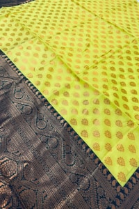 Lemon Yellow Banarasi Soft Silk Saree with Polka Buttis and Contrast Dark Brocade Border  in Surat