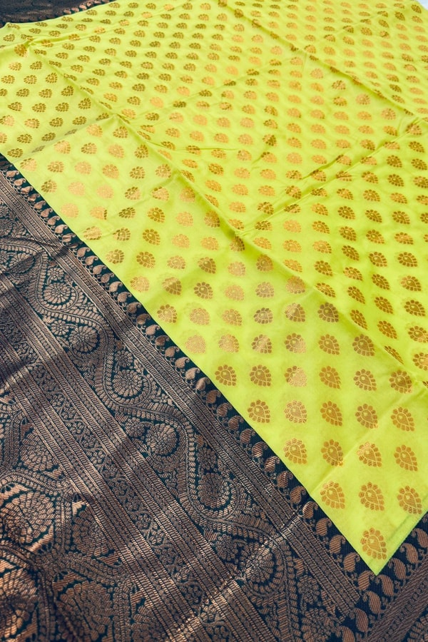 Lemon Yellow Banarasi Soft Silk Saree with Polka Buttis and Contrast Dark Brocade Border  in Surat