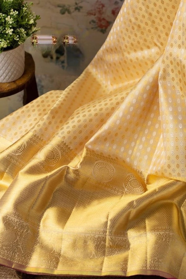 Lemon Yellow Banarasi Soft Silk Saree with Silver Zari Butis and Woven Pallu  in Surat