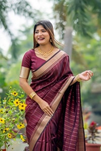 Light Maroon Banarasi Soft Silk Saree with Fine Zari Stripes and Gold Woven Border  in Surat