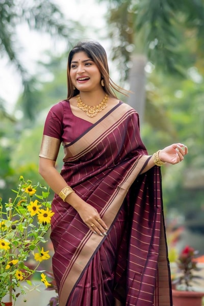 Light Maroon Banarasi Soft Silk Saree with Fine Zari Stripes and Gold Woven Border in Surat