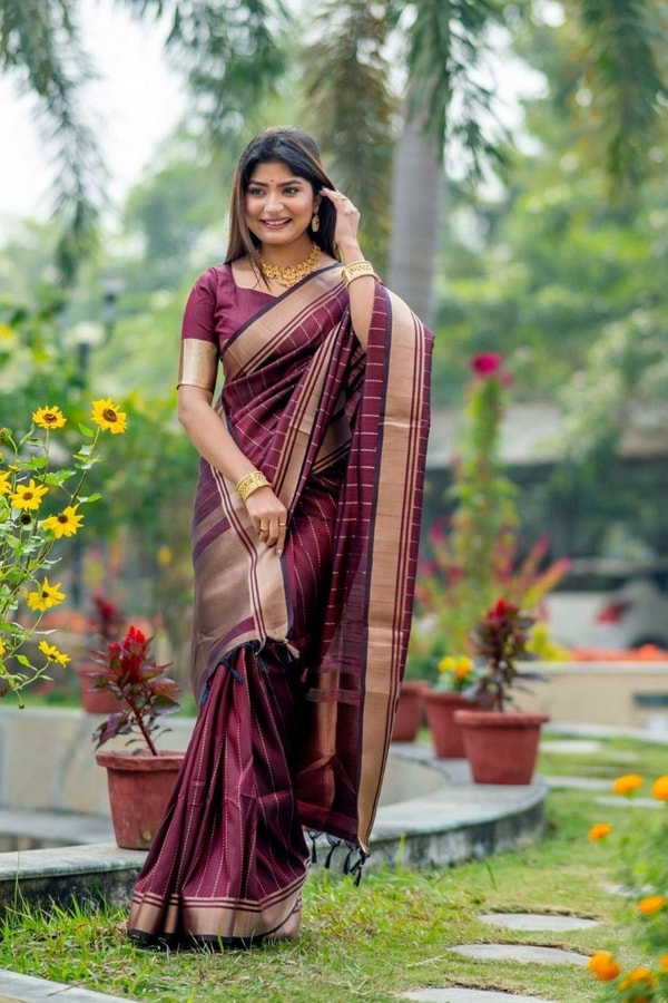Light Maroon Banarasi Soft Silk Saree with Fine Zari Stripes and Gold Woven Border  in Surat