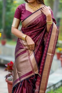 Light Maroon Banarasi Soft Silk Saree with Fine Zari Stripes and Gold Woven Border  in Surat