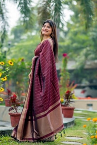 Light Maroon Banarasi Soft Silk Saree with Fine Zari Stripes and Gold Woven Border  in Surat