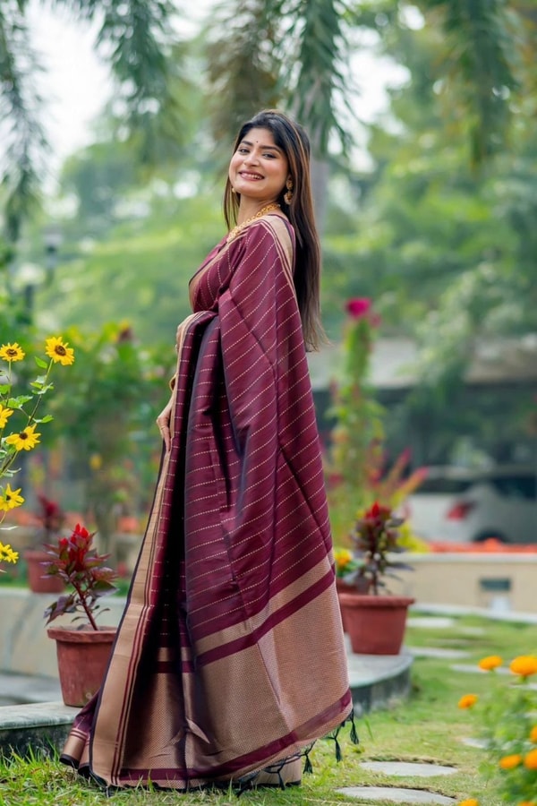 Light Maroon Banarasi Soft Silk Saree with Fine Zari Stripes and Gold Woven Border  in Surat