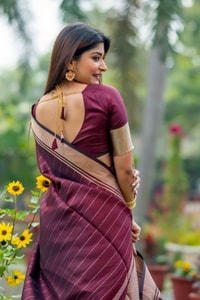 Light Maroon Banarasi Soft Silk Saree with Fine Zari Stripes and Gold Woven Border  in Surat