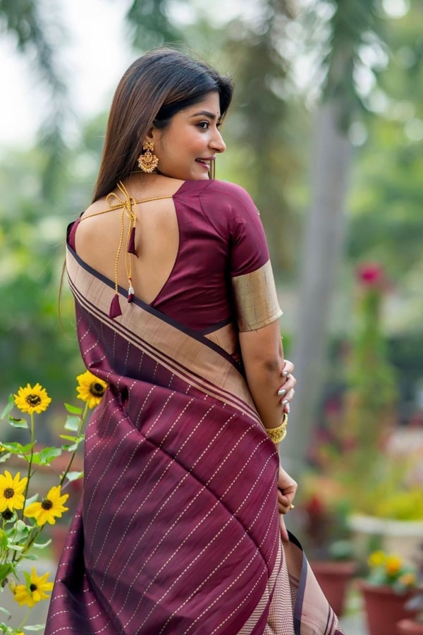 Light Maroon Banarasi Soft Silk Saree with Fine Zari Stripes and Gold Woven Border  in Surat