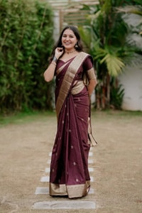 Lightweight Wine Banarasi Soft Silk Saree with Gold Zari Buttis and Broad Gold Border  in Surat