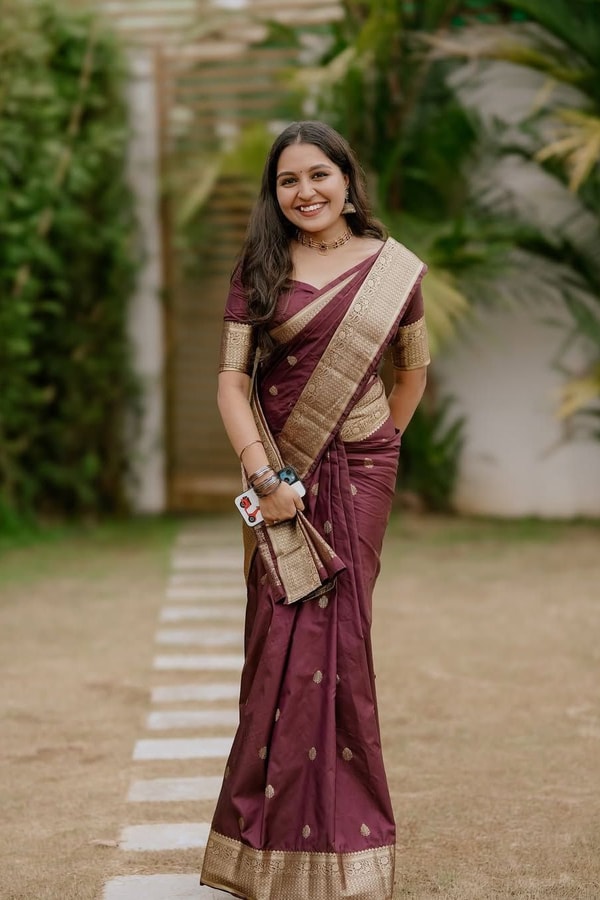 Lightweight Wine Banarasi Soft Silk Saree with Gold Zari Buttis and Broad Gold Border  in Surat