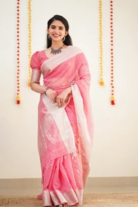 Linen-Look Soft Cotton Saree with Silver Zari Buttis and Tissue Pallu in Green, Pink and Wine  in Surat