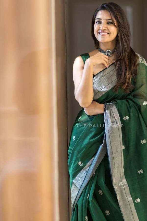 Linen-Look Soft Cotton Saree with Silver Zari Buttis and Tissue Pallu in Green, Pink and Wine  in Surat
