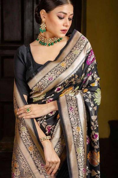 Luxurious Banarasi Soft Silk Saree in Black with All Over Golden Zari Weaving in Surat