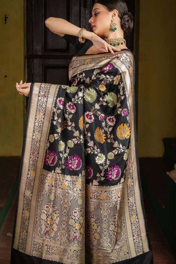 Luxurious Banarasi Soft Silk Saree in Black with All Over Golden Zari Weaving  in Surat