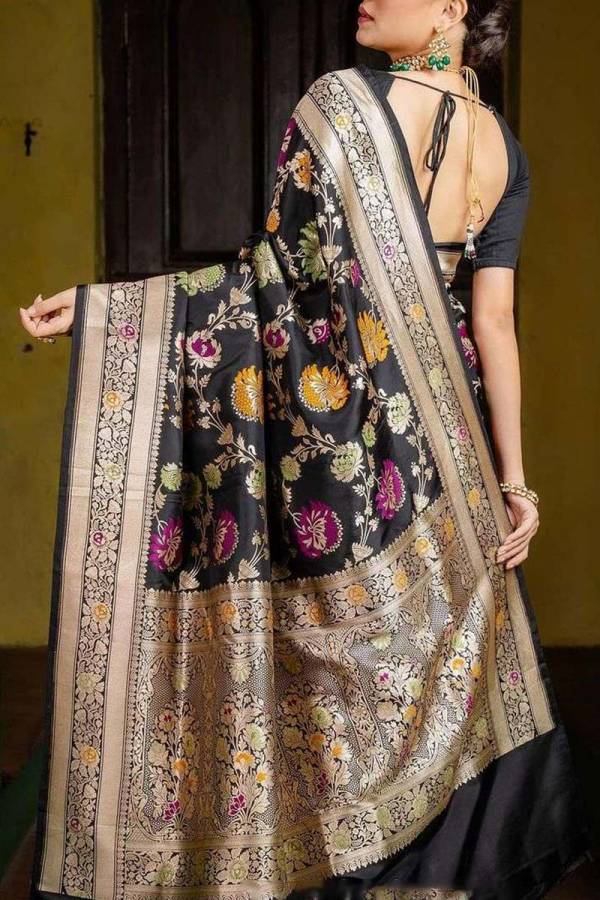 Luxurious Banarasi Soft Silk Saree in Black with All Over Golden Zari Weaving  in Surat