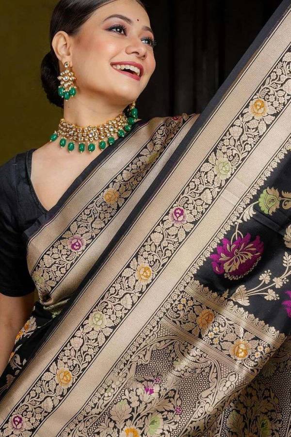 Luxurious Banarasi Soft Silk Saree in Black with All Over Golden Zari Weaving  in Surat