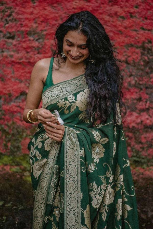 Luxurious Banarasi Soft Silk Saree with Golden Zari and Floral Design  in Surat