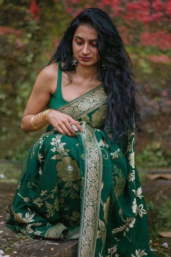 Luxurious Banarasi Soft Silk Saree with Golden Zari and Floral Design  in Surat
