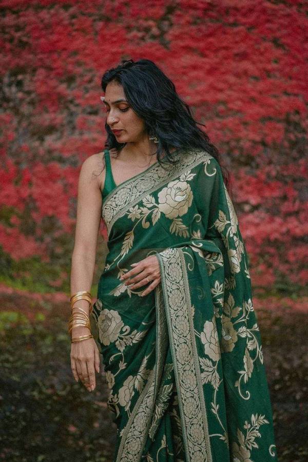 Luxurious Banarasi Soft Silk Saree with Golden Zari and Floral Design  in Surat