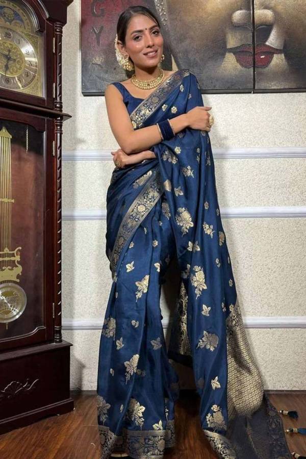 Luxurious Banarasi Soft Silk With Allovar Flower Buta With Fancy Border Design Saree  in Surat