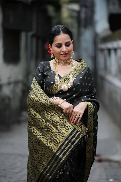 Luxurious Black Banarasi Saree with Fancy Border and Golden Pallu in Surat