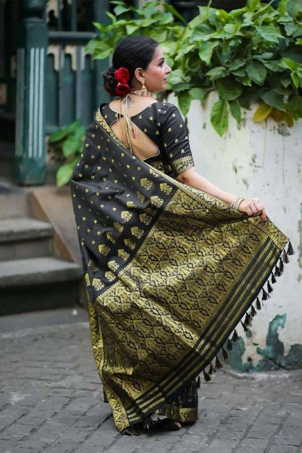 Luxurious Black Banarasi Saree with Fancy Border and Golden Pallu  in Surat