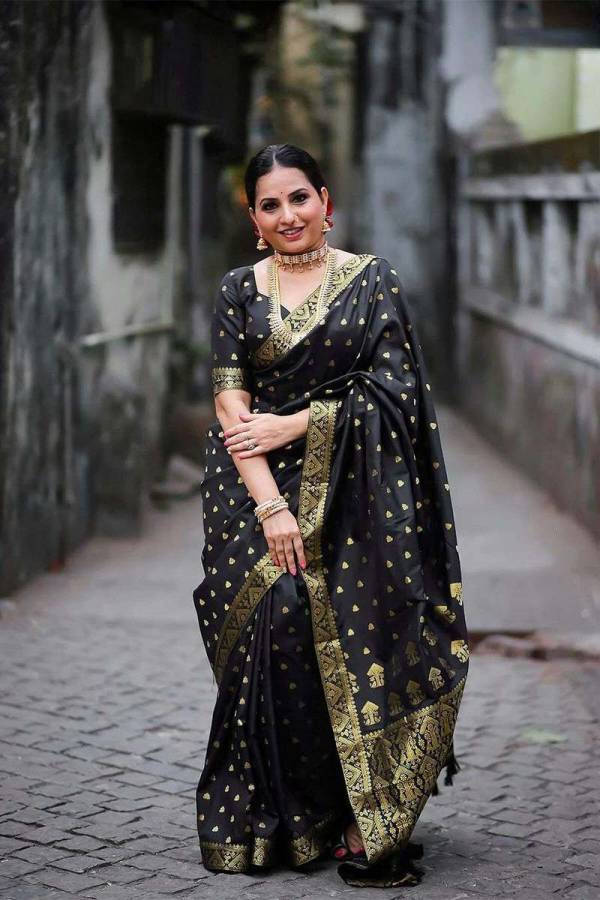 Luxurious Black Banarasi Saree with Fancy Border and Golden Pallu  in Surat