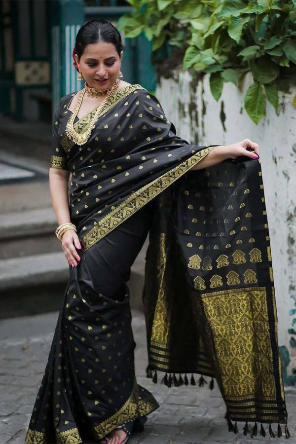 Luxurious Black Banarasi Saree with Fancy Border and Golden Pallu  in Surat