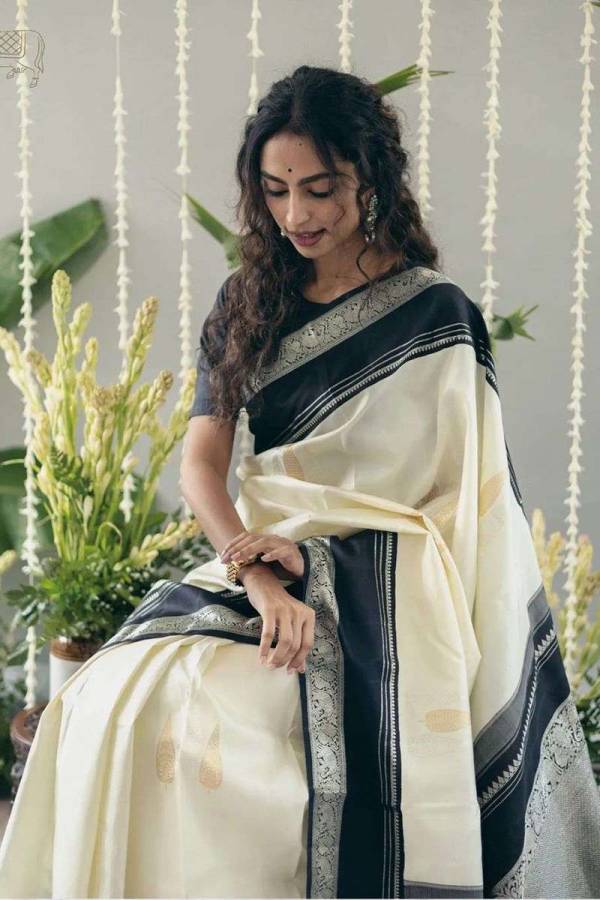 Luxurious Soft Off White Banarasi Saree with Intricate Golden Zari Flowers Desing Saree  in Surat