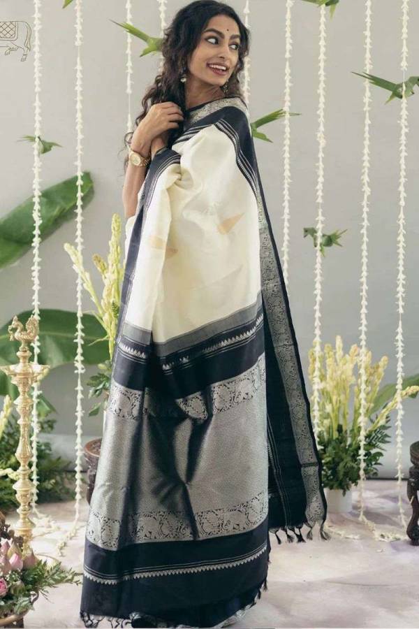 Luxurious Soft Off White Banarasi Saree with Intricate Golden Zari Flowers Desing Saree  in Surat