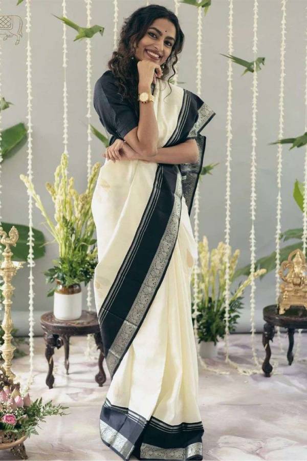 Luxurious Soft Off White Banarasi Saree with Intricate Golden Zari Flowers Desing Saree  in Surat