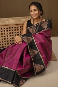 Magenta Banarasi Soft Silk Saree with Black Zari Border and Woven Paisley Pallu  in Surat