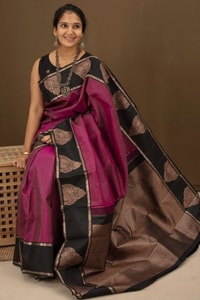 Magenta Banarasi Soft Silk Saree with Black Zari Border and Woven Paisley Pallu  in Surat