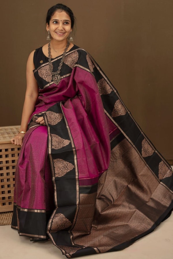 Magenta Banarasi Soft Silk Saree with Black Zari Border and Woven Paisley Pallu  in Surat