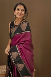 Magenta Banarasi Soft Silk Saree with Black Zari Border and Woven Paisley Pallu  in Surat