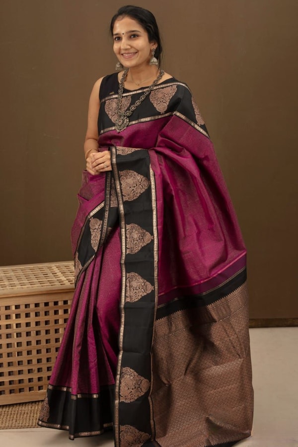 Magenta Banarasi Soft Silk Saree with Black Zari Border and Woven Paisley Pallu  in Surat