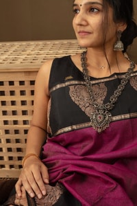 Magenta Banarasi Soft Silk Saree with Black Zari Border and Woven Paisley Pallu  in Surat