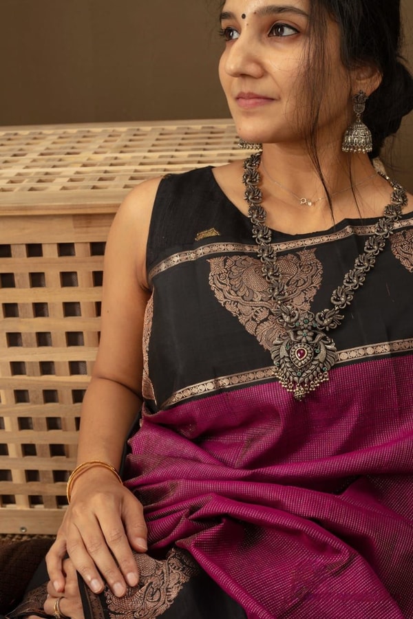 Magenta Banarasi Soft Silk Saree with Black Zari Border and Woven Paisley Pallu  in Surat