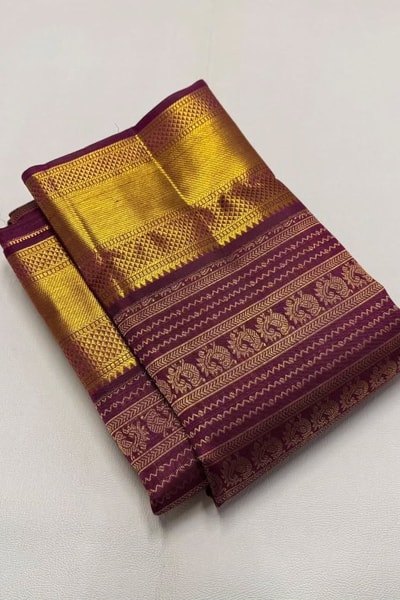 Magenta Banarasi Soft Silk Saree with Horizontal Gold Zari Motif Bands and Heavy Border in Surat