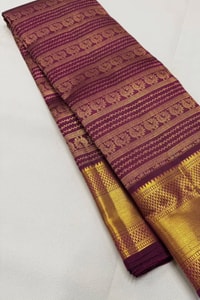 Magenta Banarasi Soft Silk Saree with Horizontal Gold Zari Motif Bands and Heavy Border  in Surat