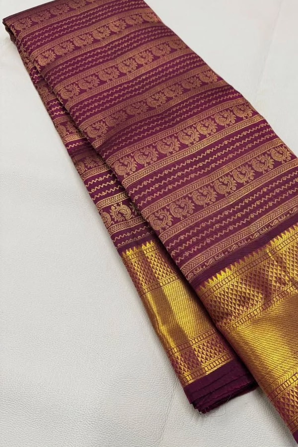 Magenta Banarasi Soft Silk Saree with Horizontal Gold Zari Motif Bands and Heavy Border  in Surat