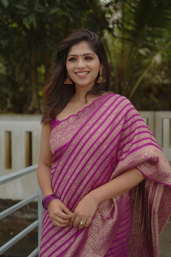 Magenta Pink Zari Stripe Banarasi Soft Silk Saree with Kanjivaram-Style Rich Pallu  in Surat