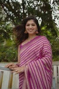 Magenta Pink Zari Stripe Banarasi Soft Silk Saree with Kanjivaram-Style Rich Pallu  in Surat