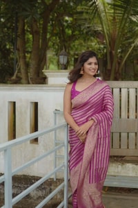 Magenta Pink Zari Stripe Banarasi Soft Silk Saree with Kanjivaram-Style Rich Pallu  in Surat