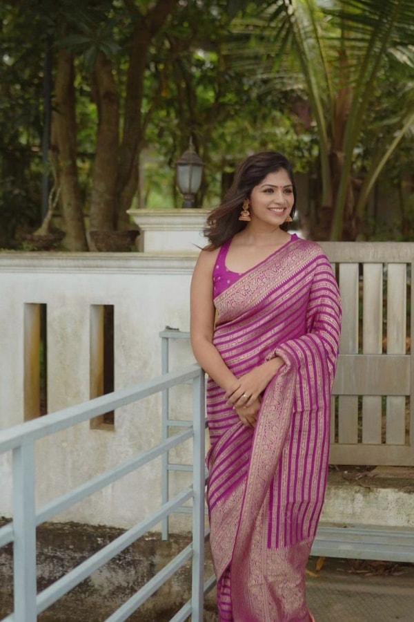 Magenta Pink Zari Stripe Banarasi Soft Silk Saree with Kanjivaram-Style Rich Pallu  in Surat