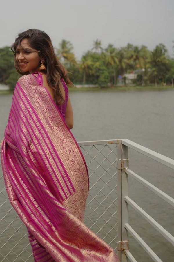 Magenta Pink Zari Stripe Banarasi Soft Silk Saree with Kanjivaram-Style Rich Pallu  in Surat