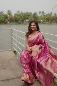 Magenta Pink Zari Stripe Banarasi Soft Silk Saree with Kanjivaram-Style Rich Pallu  in Surat